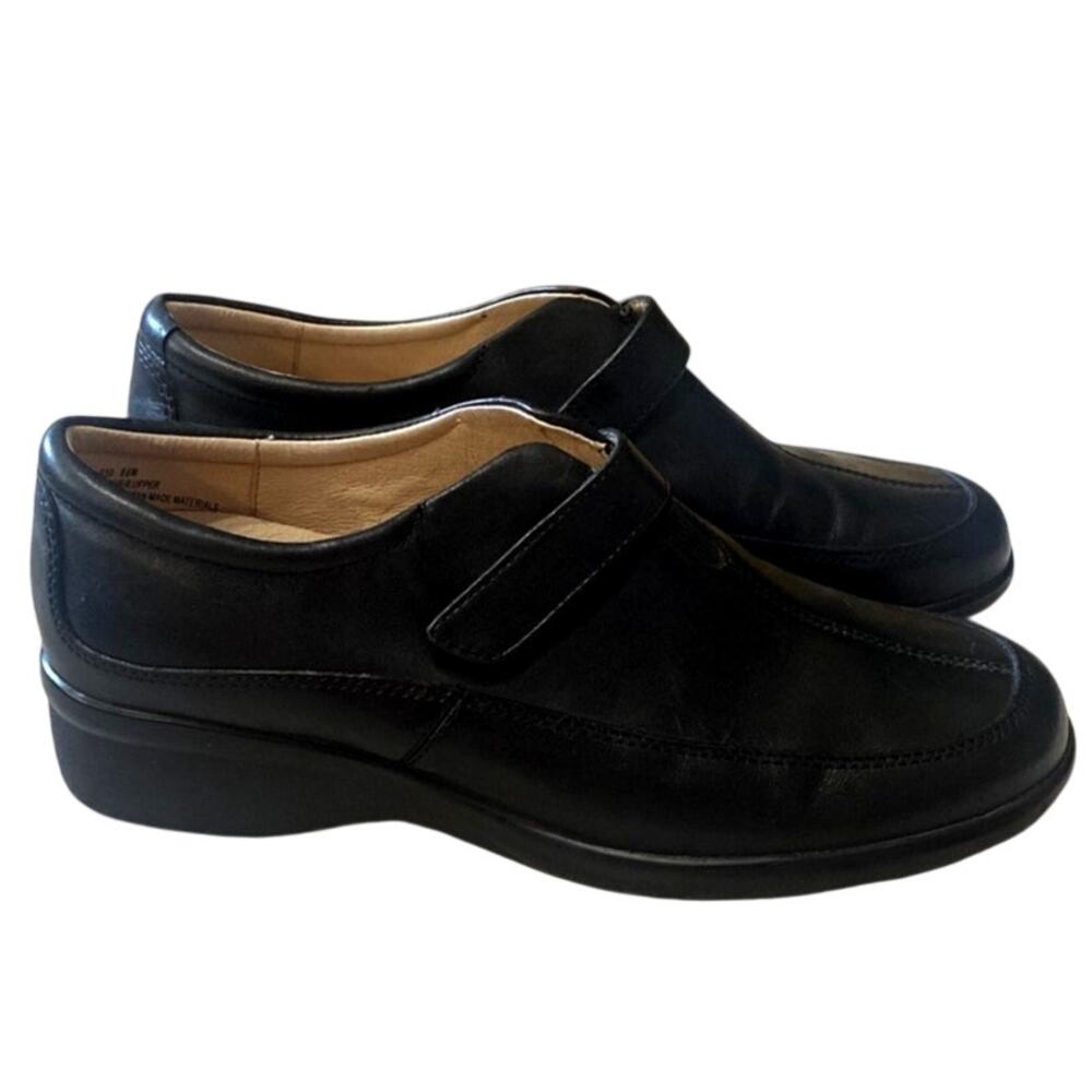 Relano Black Leather Slip On Loafers Hook Loop Strap Comfort Shoes Women's 8.5 M